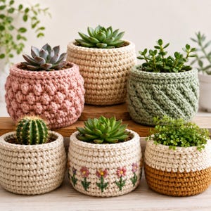 May include: Six round crochet plant pots in various colors and textures. The pots hold different green succulents and cacti. One pot is dusty pink with a bobble stitch, one is cream, one is sage green with a cable knit pattern, and one has floral embroidery.