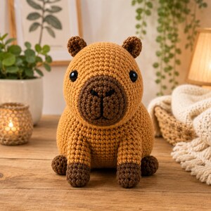 Peut inclure: Une peluche capybara crochetée avec un corps brun doré, un museau brun plus foncé et de petites oreilles arrondies. L'animal en peluche possède deux yeux en plastique noir et un nez brodé, assis en position verticale sur une surface plane.