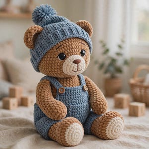 Può includere: Un orsacchiotto all'uncinetto marrone che indossa un berretto blu con pompon e una salopette blu abbinata. L'orso ha grandi occhi neri, un muso beige chiaro e toppe circolari beige chiaro sulle piante dei piedi, tutto realizzato in filato.