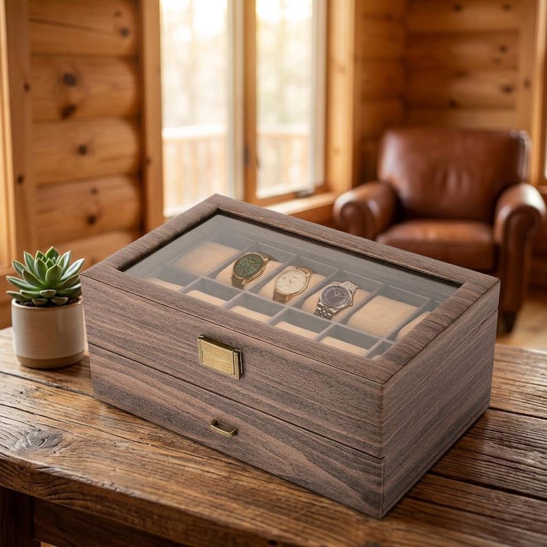 Watch Box Window Display 24-bit Watch Box, 2-tier Rustic Brown Watch Display Case With Glass ...
