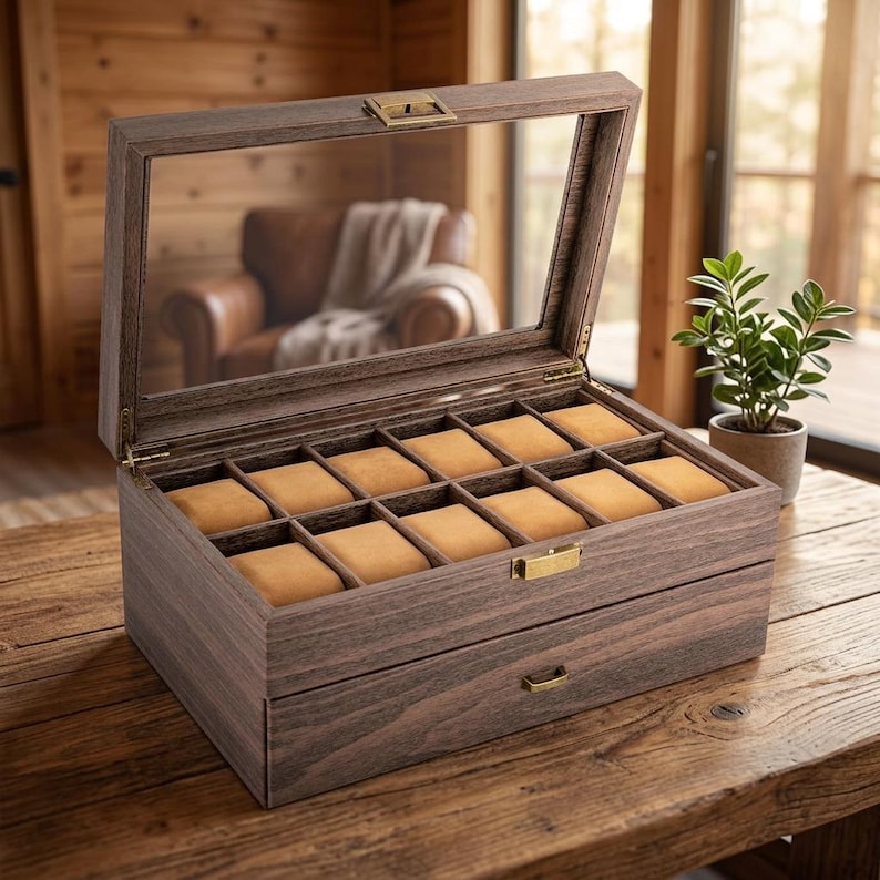 Watch Box Window Display 24-bit Watch Box, 2-tier Rustic Brown Watch Display Case With Glass ...