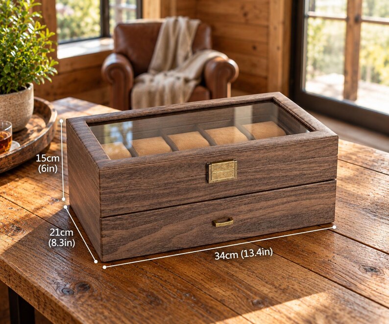 Watch Box Window Display 24-bit Watch Box, 2-tier Rustic Brown Watch Display Case With Glass ...
