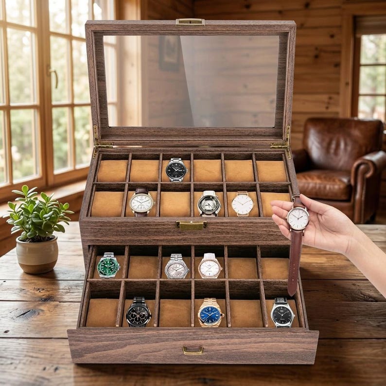 Watch Box Window Display 24-bit Watch Box, 2-tier Rustic Brown Watch Display Case With Glass ...