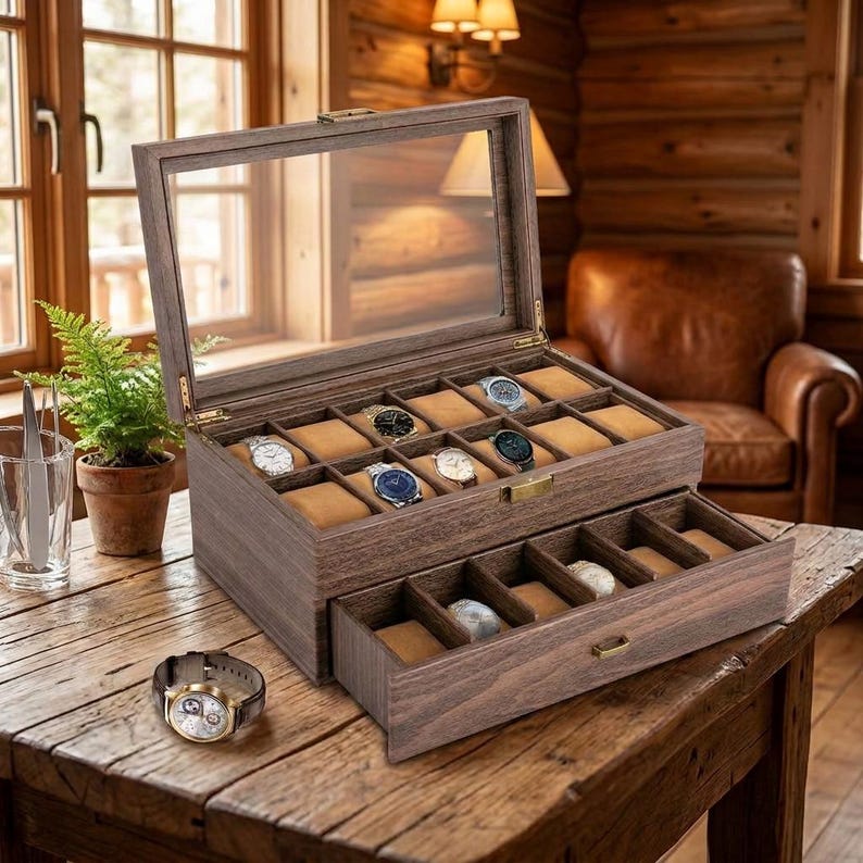 Watch Box Window Display 24-bit Watch Box, 2-tier Rustic Brown Watch Display Case With Glass ...