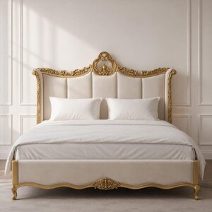 Può includere: Una struttura letto con testiera e pediera imbottite color crema con trapuntatura verticale. Il telaio è arricchito da dettagli ornamentali in legno intagliato color oro lungo i bordi e da un fregio centrale sulla testiera.