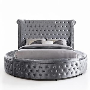 Round Bed Frame, Grey Velvet Chesterfield Tufted Bed with Storage Ottoman Base, Luxury Glam Bedroom Furniture, Custom Made