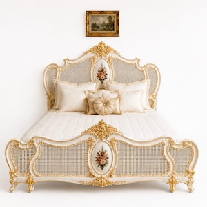 French Rococo Cane Bed Frame, White Gold Carved King Size Bed, Hand Painted Floral Medallion, Custom Bedroom Furniture
