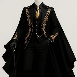 May include: A black suit with gold embroidery, a matching cape, and a gold tie. The ensemble includes a vest, dress shirt, and black dress shoes. A black cane and black gloves complete the formal outfit.