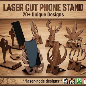 Può includere: Supporti per telefono in legno tagliati al laser con vari design, tra cui un cervo, una foglia e un surfista. I supporti sono esposti su una superficie di legno. Il testo "LASER CUT PHONE STAND" e "20+ Unique Designs" è visibile.