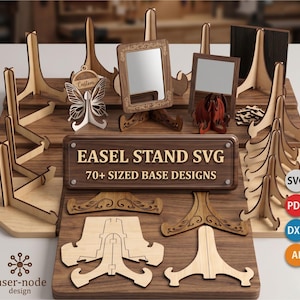 Może przedstawiać: Kolekcja drewnianych sztalug w różnych wzorach, w tym motyl, lustro i kształty dekoracyjne. Znak głosi "EASEL STAND SVG 70+ SIZED BASE DESIGNS". Obraz pokazuje również ikony typów plików SVG, PDF, DXF i AI.