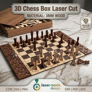 Puede incluir: Un juego de ajedrez de madera cortado con láser con un tablero y piezas dispuestas para jugar. El juego incluye una caja de madera con tapa. El texto "3D Chess Box Laser Cut" y "MATERIAL: 3MM WOOD" es visible.
