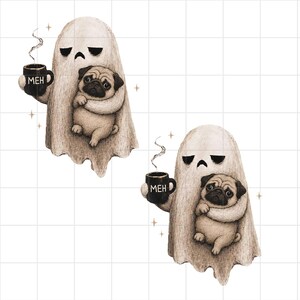 Fantasma gruñón, Pug divertido Meh Coffee, Halloween espeluznante Pug Lover PNG Descarga digital