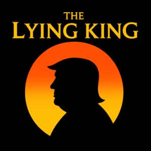 Può includere: Un design grafico che presenta il testo THE LYING KING in lettere maiuscole gialle sopra una sagoma nera di profilo di una testa umana, su uno sfondo circolare con sfumatura arancione e gialla su un campo nero.