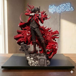 Könnte beinhalten: Detaillierte Figur einer Figur in einem roten Mantel, die eine Waffe hält, auf einem roten Monster mit mehreren Augen und Mäulern. Die Basis umfasst Schädel, einen Grabstein und ein Kreuz. Das Neon-Schild darüber lautet "kingSTL".