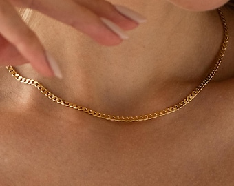 14K Solid Gold Curb Chain Necklace, Cuban Chain Necklace | Dainty Gold Chain, Layering Chain Necklace | Simple Gold Chain, Real Gold Chain