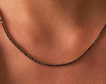 14K Gold Black Onyx Tennis Necklace, Minimalist Onyx Necklace | Diamond Tennis Necklace, Bridesmaids Gifts | Moissanite Tennis Necklace Gift