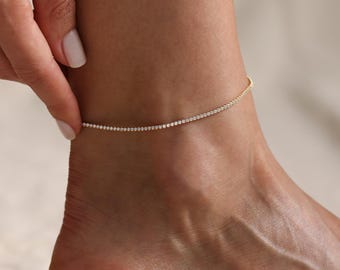 Tobillera de cadena de tenis de oro de 14 quilates, pulsera de tobillo de tenis con diamantes / pulsera de tobillo de plata para mujer, delicada pulsera de tobillo de oro / tobillera impermeable