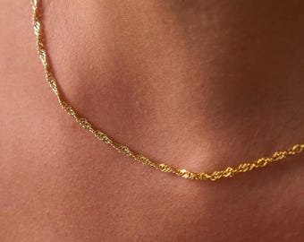 14K Solid Gold Singapore Chain Necklace, Twisted Chain Necklace | Dainty Gold Chain, 14K White Gold Chain | Thin Gold Chain, Real Gold Chain