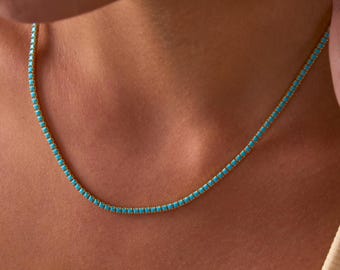 Collana con zaffiro in oro 14, collana delicata con turchese / collana da sposa con zirconi, collana tennis con zirconi / collana tennis con diamanti, catena tennis in argento