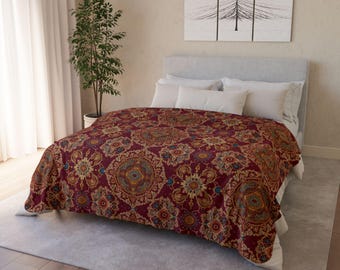 Coperta in Pile Sherpa con Motivo Mandala Boho | Medaglione Rustico Rosso
