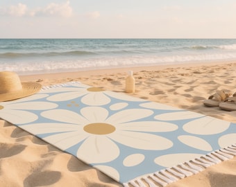 Retro ręcznik plażowy Boho Daisy | Kwiatowe letnie frędzle
