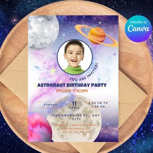 Astronaut Birthday Invitation Any Age, Space Birthday Party Invite, Editable Canva Invitation, Kids Galaxy Party Invite, Digital Download