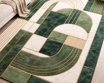 Handmade Tufted Carpet – Green Cream Geometric Gold Lines Modern Rug