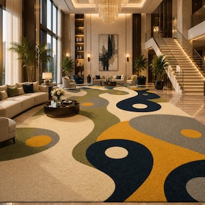 May include: A large area rug featuring a flowing, abstract pattern with organic shapes in shades of navy blue, mustard yellow, olive green, and cream. The design consists of interconnected curves and circular motifs covering the entire surface.