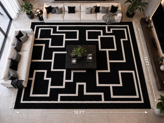 Handmade Tufted Modern Carpet Black & White Geometric Design 12x18 Ft Large Living Room Rug