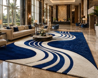 Luxury Handmade Tufted Area Rug, Blue & Ivory Abstract Wave Rug, Modern Large Living Room Carpet, Contemporary Designer Rug, Custom Size Hom