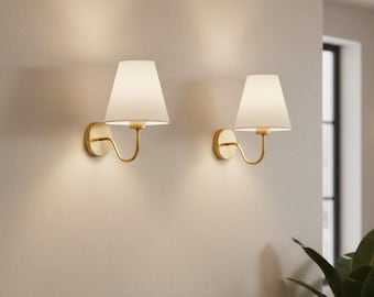 Moderne Stoff-Wandlampe | Messing Wandleuchte mit Schirm | E27 | Schlafzimmer oder Wohnzimmer