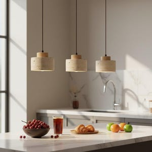 Natural Travertine and Wood Pendant Light | Warm LED Ceiling Fixture | Modern Minimalist