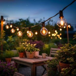 May include: A string of outdoor globe lights illuminates a backyard scene at dusk. The warm, glowing bulbs are strung above a wooden table with potted plants and a wicker basket. The background features lush greenery and a starry sky.