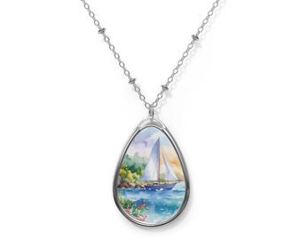 Collar ovalado de acuarela con diseño de velero / Colgante de plata en forma de lágrima