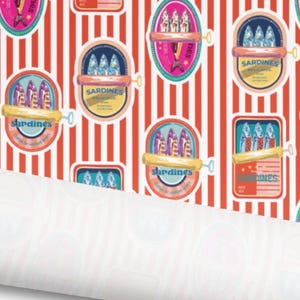 Papel de regalo de sardinas, papel de regalo de rayas rojas, papel de regalo de peces coloridos, papel de regalo costero, papel de regalo de comida divertido, papel de regalo navideño