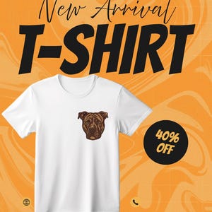 May include: White t-shirt with a brown dog face graphic on the chest. The words "New Arrival T-SHIRT" are in large black letters at the top. A black circle with "40% OFF" is on the right side. The @VectorNextCo logo is at the bottom.