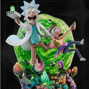 May include: A detailed figurine featuring Rick Sanchez and Morty Smith emerging from a swirling green portal. Rick holds a silver portal gun with a glowing green light, while Morty appears startled. The base is decorated with colorful alien flora.