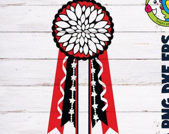 May include: A red, white, and black ribbon with a large white flower in the center. The ribbon is tied in a bow and has a white label in the center. The text "SVG PNG DXF EPS" is on the right side of the image.