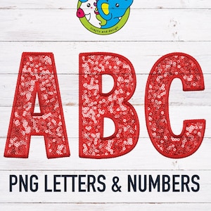 May include: Red glitter letters A, B, and C on a white wood background. The letters are outlined in black. The text "PNG LETTERS & NUMBERS" is below the letters.