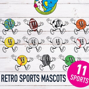 Retro Sport Maskottchen | Retro Figur | SVG PNG Dtf eps | Fußball Baseball Basketball Beachvolleyball Softball jubeln Fußball Hockey Tennis Golf