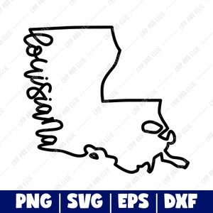 May include: A black and white line art illustration of the state of Louisiana with the word "Louisiana" written in a cursive font along the left side of the state outline.