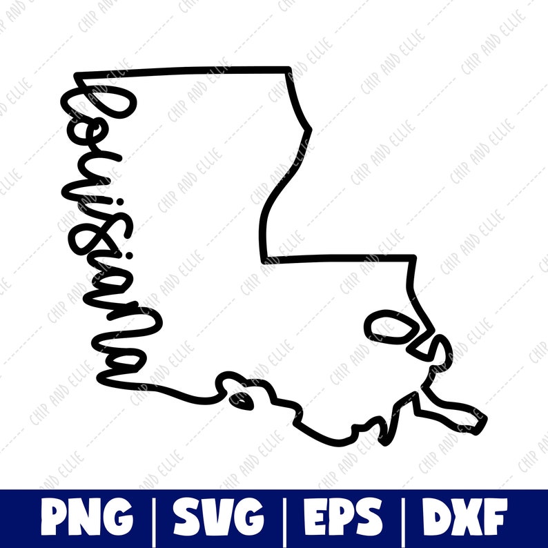 May include: A black and white line art illustration of the state of Louisiana with the word "Louisiana" written in a cursive font along the left side of the state outline.