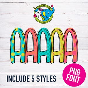 Puede incluir: Cinco estilos diferentes de la letra "A" en un diseño colorido y estampado. Las letras están delineadas en negro y tienen un estilo juguetón y caprichoso. El texto "INCLUDE 5 STYLES" está en la parte inferior de la imagen.