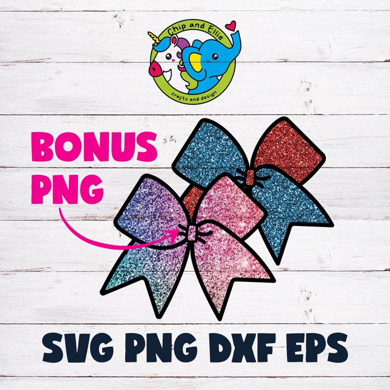 May include: A collection of glittery bows in shades of blue, red, and pink, with black outlines. The image includes the text "BONUS PNG" and "SVG PNG DXF EPS" on a white wood-grain background. A logo with a unicorn and elephant is in the top left.