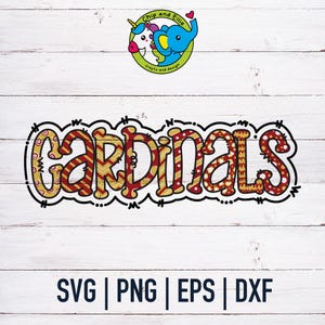 May include: A digital design file for a red and gold "Cardinals" word art design. The design features a variety of patterns and textures, including stripes, polka dots, and zigzags. The design is perfect for use in crafting projects, such as creating t-shirts, mugs, or home decor.