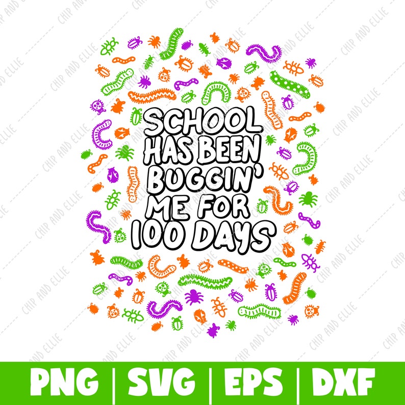 Pu&ograve; includere: Uno sfondo bianco con una grafica di testo in bianco e nero che dice "School has been buggin' me for 100 days". Il testo &egrave; circondato da una variet&agrave; di insetti colorati, tra cui coccinelle, ragni e vermi.