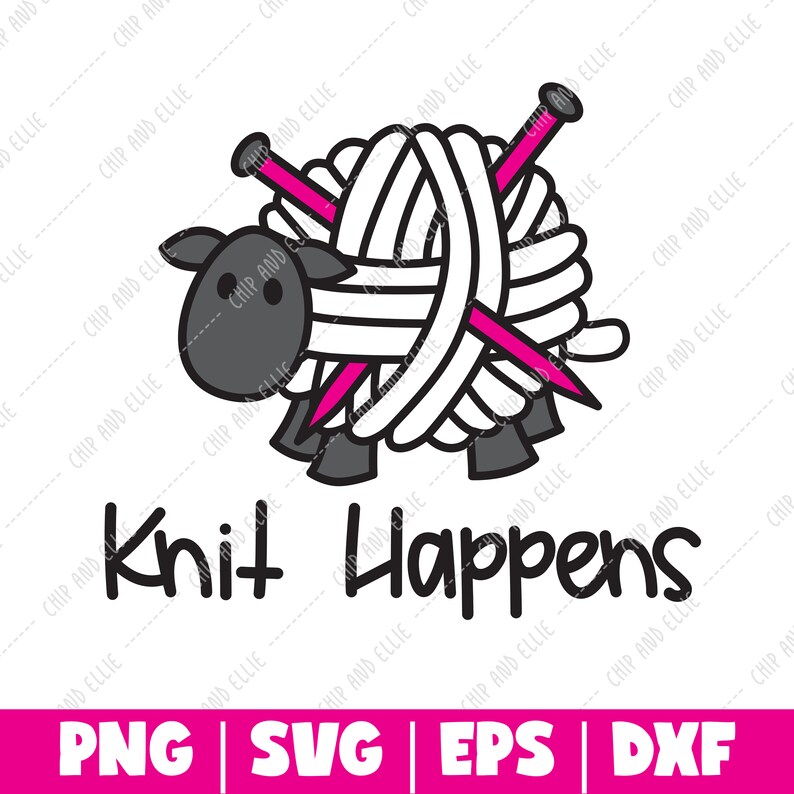 Puede incluir: Una oveja de dibujos animados en blanco y negro con agujas de tejer rosas que la atraviesan. La oveja est&aacute; rodeada de lana blanca. El texto "Knit Happens" est&aacute; debajo de la oveja.