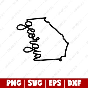 May include: Black and white line art design of the state of Georgia with the word "Georgia" written in cursive inside the state outline.