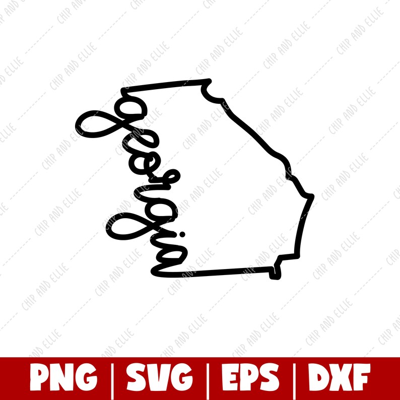 May include: Black and white line art design of the state of Georgia with the word "Georgia" written in cursive inside the state outline.