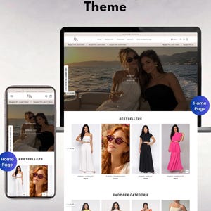 Puede incluir: Una visualización digital de un tema de Shopify para un sitio web de moda, que muestra la pantalla de una computadora portátil y la de un teléfono inteligente lado a lado. Ambas pantallas presentan un diseño de página de inicio con una imagen principal de dos personas en un barco, una sección de más vendidos con artículos de ropa y una sección de tienda por categoría con varias imágenes de prendas.